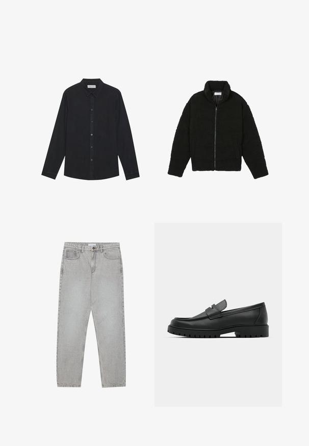 Schwarze Kunstpelzjacke mit hohem Kragen, Reißverschluss, elastischen Bündchen und gestepptem Design. Verfügt über seitliche Taschen und eine weiche Textur.; Schwarzes Langarmshirt aus weichem Stoff mit durchgehender Knopfleiste, Kragen und geradem Saum mit subtiler Struktur.; Helle graue Jeanshose mit gerade geschnittenem Design, Fünf-Taschen-Stil und Knopfverschluss. Sichtbare Nähte entlang der Seitennähte.; Schwarze Lederloafer mit runder Zehenform, ausgestattet mit einem gesteppten Design, niedrigem Plattformsohle und einer strukturierten, genoppten Gummisohle.