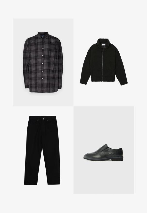 Jachetă din blană sintetică neagră, cu guler înalt, închidere cu fermoar, manșete elastice și un design matlasat. Dispune de buzunare laterale și o textură moale.; Cămașă cu butoni, de culoare neagră și gri, cu un model în carouri, mâneci lungi, guler, un singur buzunar pe piept și butoane albe. Fabricată dintr-un material ușor.; Pantaloni negri din denim cu croială dreaptă, design cu cinci buzunare și închidere frontală cu nasture. Textură netedă cu detalii de cusătură minime.; Pantof de piele neagră, tip slip-on, cu un superior neted, accente cusute, vârf rotunjit și un toc jos din cauciuc. Talpa are un profil minim de aderență.