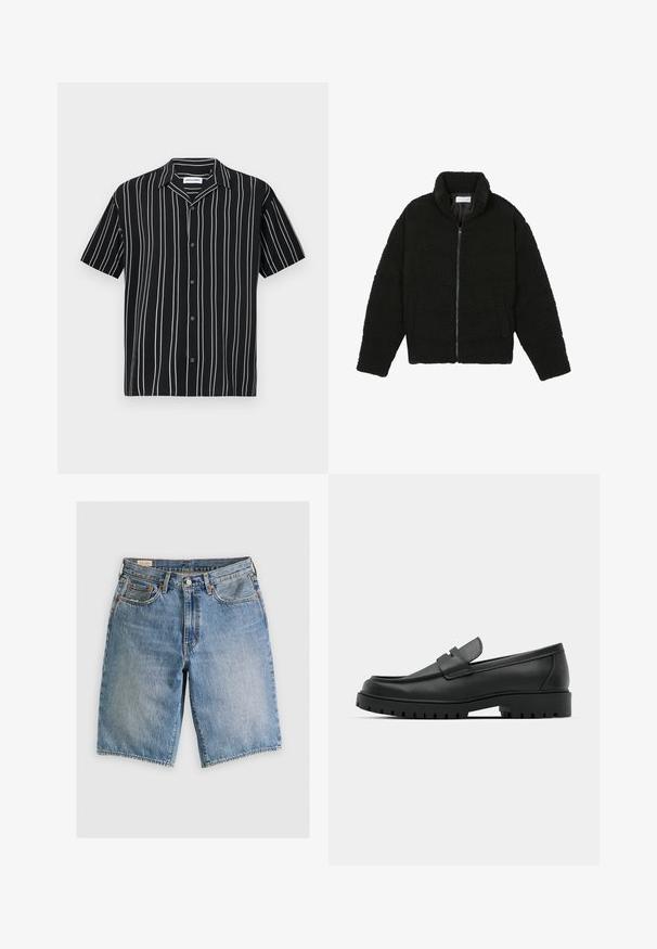 Veste en fausse fourrure noire avec un col haut, fermeture éclair, poignets élastiques et un design matelassé. Elle possède des poches latérales et une texture douce.; Chemise noire à manches courtes avec rayures verticales blanches, fermeture à boutons et col évasé. Fabriquée en tissu léger, texture lisse.; Shorts en denim bleu clair avec une coupe classique. Comprend cinq poches, des coutures orange et des ourlets à bord brut.; Mocassins en cuir noir à bout arrondi, avec un design cousu, une semelle plateforme basse et une semelle en caoutchouc texturée et crantée.