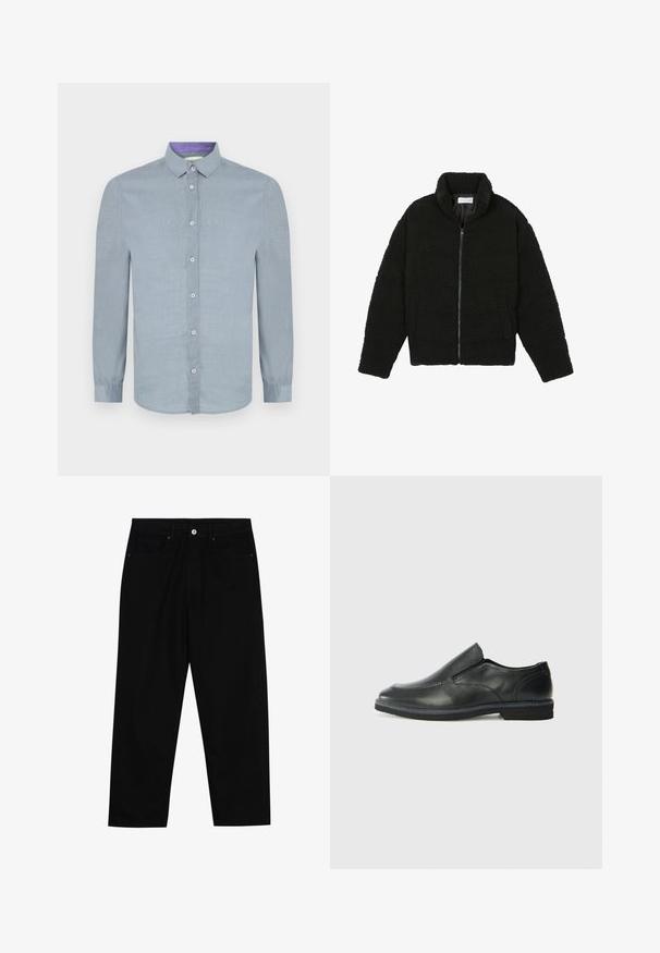 Zwarte faux fur jas met een hoge kraag, ritssluiting, elastische manchetten en een doorgestikt ontwerp. Beschikt over zijzakken en een zachte textuur.; Lichtblauw overhemd met lange mouwen en een button-down kraag, met knopen aan de voorkant en een gladde textuur. De binnenkant van de kraag heeft een contrasterende paarse acccent.; Zwarte denim broek met een recht gesneden pasvorm, vijf gebruikersvriendelijke zakken en een sluiting met een knoop aan de voorkant. Soepele textuur met minimale stikdetails.; Zwarte leren instapper met een soepele bovenkant, gestikte accenten, ronde neus en een lage rubberen hak. De zool heeft minimale profiel.