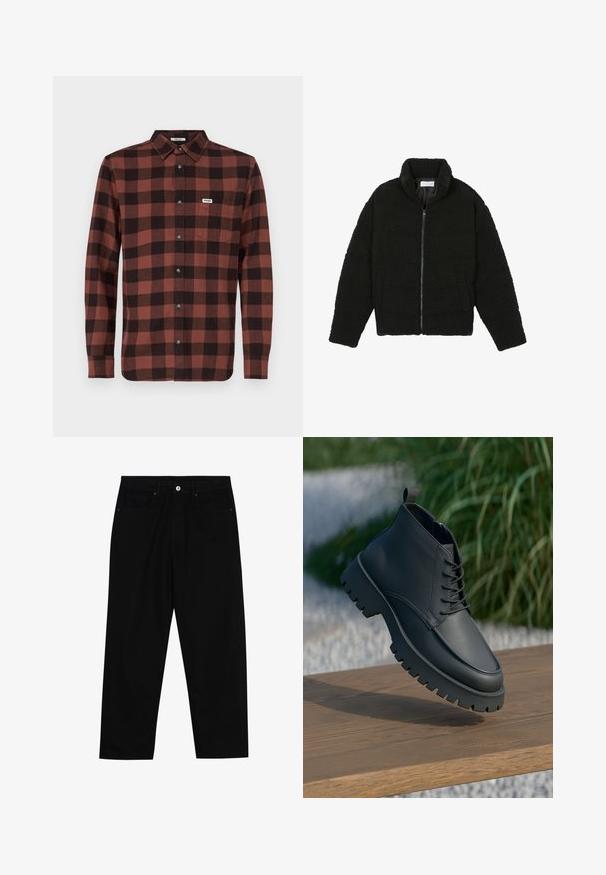Zwarte faux fur jas met een hoge kraag, ritssluiting, elastische manchetten en een doorgestikt ontwerp. Beschikt over zijzakken en een zachte textuur.; Rood en zwart geruit overhemd met lange mouwen, gemaakt van katoen, voorzien van een button-down kraag, een volledige knopenlijst en een borstzak met logo.; Zwarte denim broek met een recht gesneden pasvorm, vijf gebruikersvriendelijke zakken en een sluiting met een knoop aan de voorkant. Soepele textuur met minimale stikdetails.; Zwarte leren enkelboot met een ronde neus, veters en een dikke, robuuste zool met diepe groeven. Verhoogd op een houten oppervlak.
