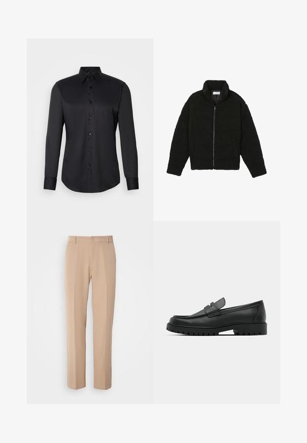 Casaco de pelo sintético preto com gola alta, fecho de zip, punhos elásticos e um design acolchoado. Apresenta bolsos laterais e uma textura suave.; Camisa preta de botão, feita de tecido suave, com colarinho clássico, mangas longas e fecho de botão na frente.; Calças bege feitas de um tecido suave, com um design de perna reta, fecho frontal por botão e discretos vincos na parte frontal.; Sapatilhas de couro preto com bico arredondado, apresentando um design cosido, sola de plataforma baixa e um solado de borracha texturizado e com cravos.