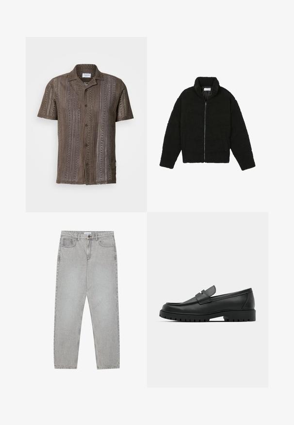 Črna jakna iz umetnega krzna z visokim ovratnikom, z zadrgo, elastičnimi manšetami in kviltanim dizajnom. Ima stranske žepke in mehak tekstur.; Brah bordska kratka srajca iz pletenine z teksturiranim odprtim tkanjem, sprednjim gumbom in izrezanim ovratnikom. Navpični črtasti vzorec z zemeljskimi tonami.; Svetlo sivi traper hlače s ravnim krojem, pet žepov in gumbom za zapiranje. Vidno šivanje ob šivih.; Črne usnjene loafers čevlje z zaobljenim nosom, ki imajo šivano zasnovo, nizko platformo in teksturiran, profiliran gumijast podplat.