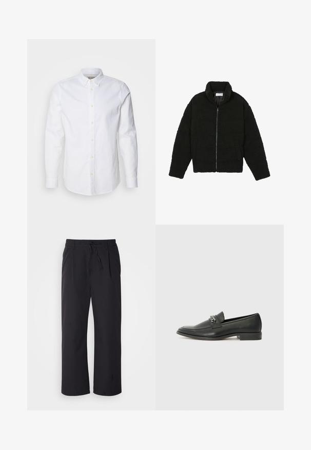 Black faux fur jacket with a high collar, zip closure, elastic cuffs, and a quilted design. Features side pockets and a soft texture.; White long-sleeve button-up shirt made of cotton, featuring a structured collar, subtle logo embroidery, and light tan buttons.; Wide-leg pants in textured black fabric with a drawstring waistband, featuring two front pockets and a straight cut design.; Black leather loafer with a smooth finish, featuring a stitched design and a decorative metal chain accent across the vamp. Flat heel.