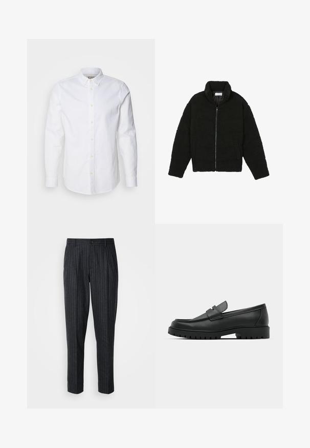 Czarna kurtka z faux futra z wysokim kołnierzem, zapięciem na zamek, elastycznymi mankietami i pikowanym wzorem. Posiada boczne kieszenie i miękką fakturę.; Biała koszula z długim rękawem i zapięciem na guziki, wykonana z bawełny, z wyraźnym kołnierzykiem, dyskretnym haftem logo oraz jasnobrązowymi guzikami.; Spodnie w kolorze ciemnoszarym z cienkimi pionowymi paskami; cechują się zapięciem na guzik i plisowanym przodem.; Czarne skórzane mokasyny z zaokrąglonym noskiem, posiadające przeszywany wzór, niską platformę oraz teksturowaną, gumową podeszwę z bieżnikiem.