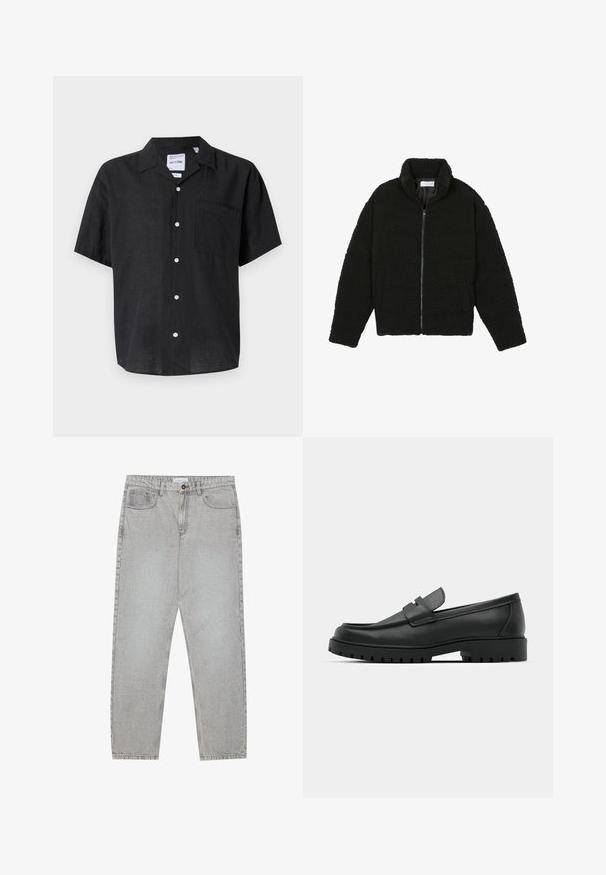 Zwarte faux fur jas met een hoge kraag, ritssluiting, elastische manchetten en een doorgestikt ontwerp. Beschikt over zijzakken en een zachte textuur.; Zwarte korte-mouwen overhemd met knopen, gemaakt van linnen. Bevat een zak op de linkerborst en witte knopen die contrasteren met de textuur van de stof.; Lichtgrijze denimbroek met een recht model, vijfzakkenstijl en een knoopsluiting. Zichtbare stiksels langs de naden.; Zwarte leren instappers met een ronde neus, voorzien van een gestikt ontwerp, een lage platformzool en een gestructureerde, grof rubberen buitenzool.