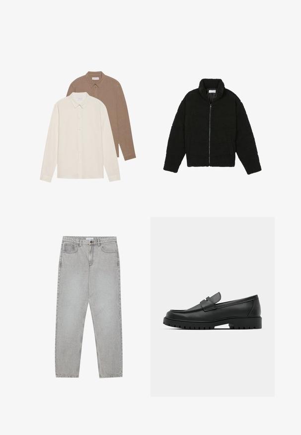 Giacca in pelliccia sintetica nera con colletto alto, chiusura con zip, polsini elasticizzati e design trapuntato. Presenta tasche laterali e una consistenza morbida.; Due camicie a maniche lunghe: una color crema e una marrone, entrambe con colletto a bottoni, texture del tessuto visibile, design semplice e etichette in vista.; Pantaloni in denim grigio chiaro con design a gamba dritta, stile a cinque tasche e chiusura con bottone. Cuciture visibili lungo le cuciture.; Mocassini in pelle nera con punta rotonda, caratterizzati da un design cucito, suola piatta bassa e un battistrada in gomma testurizzata e scolpita.