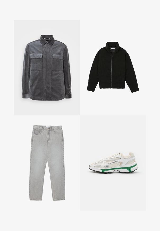 Chaqueta de pelaje sintético negro con cuello alto, cierre de cremallera, puños elásticos y un diseño acolchado. Cuenta con bolsillos laterales y una textura suave.; Camisa de pana a rayas negras y grises con cuello de solapa, dos bolsillos en el pecho y mangas largas. Tejido texturizado con un acabado suave.; Pantalones de mezclilla gris claro con un diseño de pierna recta, estilo de cinco bolsillos y cierre de botón. Costuras visibles a lo largo de las costuras.; Zapatilla blanca con acento verde y suela de goma negra. Presenta paneles de malla y sintéticos, con un acabado texturizado y costuras visibles.