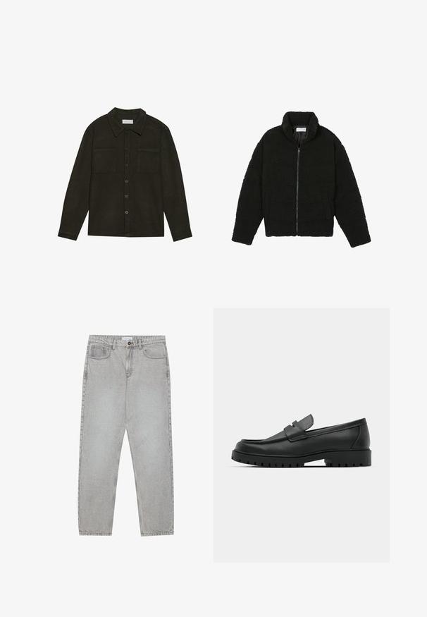 Czarna kurtka z faux futra z wysokim kołnierzem, zapięciem na zamek, elastycznymi mankietami i pikowanym wzorem. Posiada boczne kieszenie i miękką fakturę.; Ciemnozielona koszula zapinana na guziki, wykonana z teksturowanej tkaniny, z kołnierzykiem, dwiema kieszeniami na piersi oraz długimi rękawami z mankietami zapinanymi na guziki.; Jasnoszare dżinsy o prostym kroju nogawki, z pięcioma kieszeniami i zapięciem na guzik. Widoczne szwy wzdłuż szwów.; Czarne skórzane mokasyny z zaokrąglonym noskiem, posiadające przeszywany wzór, niską platformę oraz teksturowaną, gumową podeszwę z bieżnikiem.