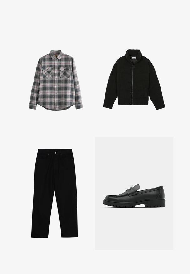 Giacca in pelliccia sintetica nera con colletto alto, chiusura con zip, polsini elasticizzati e design trapuntato. Presenta tasche laterali e una consistenza morbida.; Camicia in flanella grigia a fantasia plaid con colletto button-down, maniche lunghe, due tasche sul petto e accenti rossi e neri su una texture morbida.; Pantaloni in denim nero con taglio dritto, design a cinque tasche e chiusura frontale con bottone. Tessuto liscio con dettagli di cucitura minimi.; Mocassini in pelle nera con punta rotonda, caratterizzati da un design cucito, suola piatta bassa e un battistrada in gomma testurizzata e scolpita.