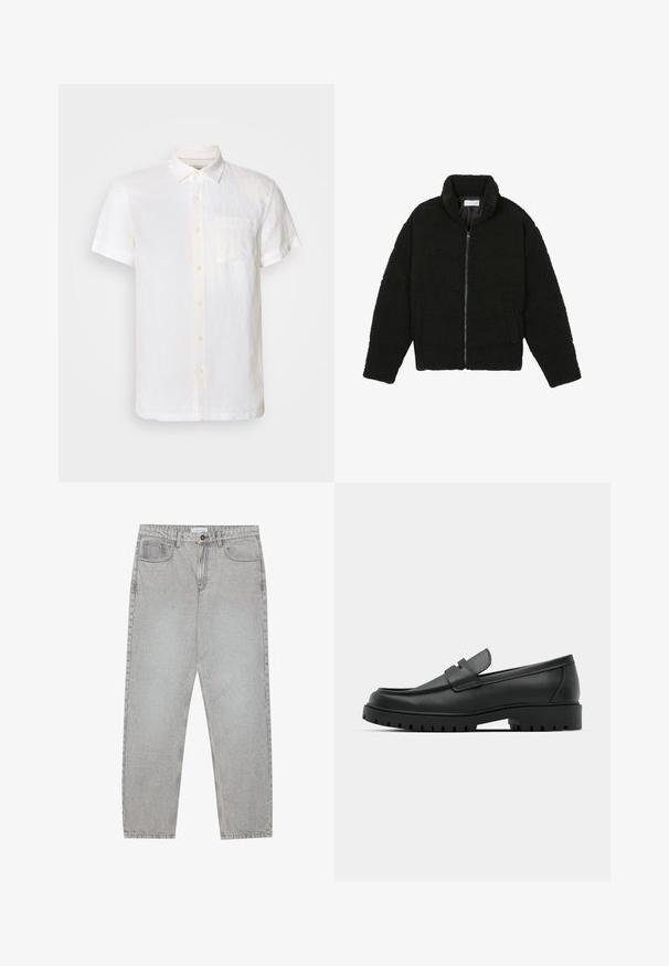 Sort faux fur jakke med høj krave, lynlås lukning, elastiske ærmer og et quiltet design. Har sidelommer og en blød tekstur.; Scotch & Soda CORE SHIRT - Skjorter - off white; Lysegrå denimbukser med lige ben, fem lommer og knaplukning. Synlig syning langs sømmene.; Sorte læder loafers med rund tå, der har et syet design, lav platformssål og en struktureret, skridsikker gummisål.