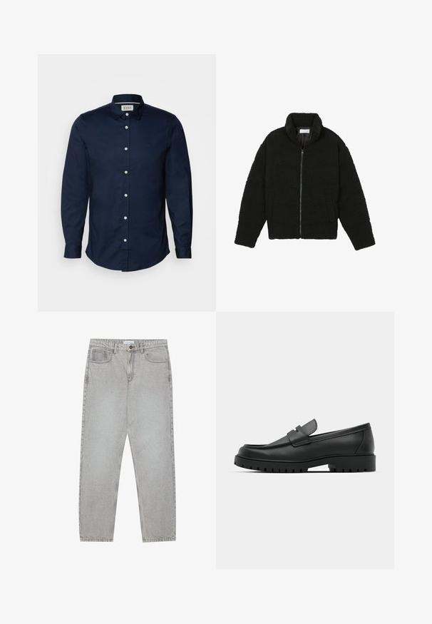 Svart fuskepelsjakke med høy krage, glidelås, elastiske mansjetter og quiltet design. Har sidelommer og en myk tekstur.; Navy blå knappenedshirt laget av bomull, med en diskret logo, lange ermer og en klassisk krage. Hvite knapper står i kontrast til stoffet.; Lys grå denimbukser med rett ben-design, fem lommer og knappelukking. Synlig søm langs sømmene.; Sorte lærloafere med rund tå, med en syddesign, lav plattformsåle og en teksturert, ruggede gummisåle.