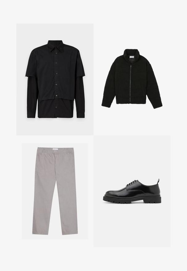 Juoda dirbtinė kailio striukė su aukštu apykakle, užtrauktuku, elastingomis rankovėmis ir siuvinėtu raštu. Su šoninėmis kišenėmis ir švelnia tekstūra.; Juodas marškiniai su mygtukais, su sluoksniuotais trumpais ir ilgais rankovėmis. Pagaminta iš medvilnės, turi klasikį apykaklę ir subtilų logotipo detalę ant peties.; Šviesiai pilki medvilniniai treningai su elastinga juosta, dviem šoninėmis kišenėmis, tiesia kojų forma ir glotnia tekstūra. Paprasti siuvimo detalės.; Juodos odinės šlepetės su raišteliais, su suapvalintu pirštu, lygiu paviršiumi ir griūvančiu guminiu padu. Yra nedidelis kulniukas ir kilpa gale.