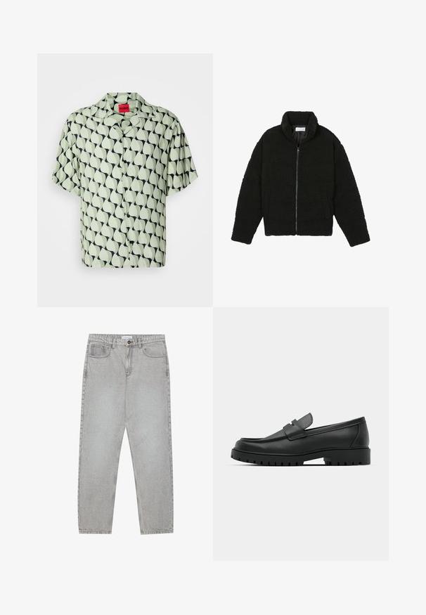 Black faux fur jacket with a high collar, zip closure, elastic cuffs, and a quilted design. Features side pockets and a soft texture.; Short-sleeve button-up shirt in light green with a navy abstract leaf pattern. Features a camp collar and black buttons. Smooth fabric texture.; Light grey denim pants with a straight-leg design, five-pocket styling, and a button closure. Visible stitching along the seams.; Black leather loafers with a rounded toe, featuring a stitched design, low platform sole, and a textured, lugged rubber outsole.