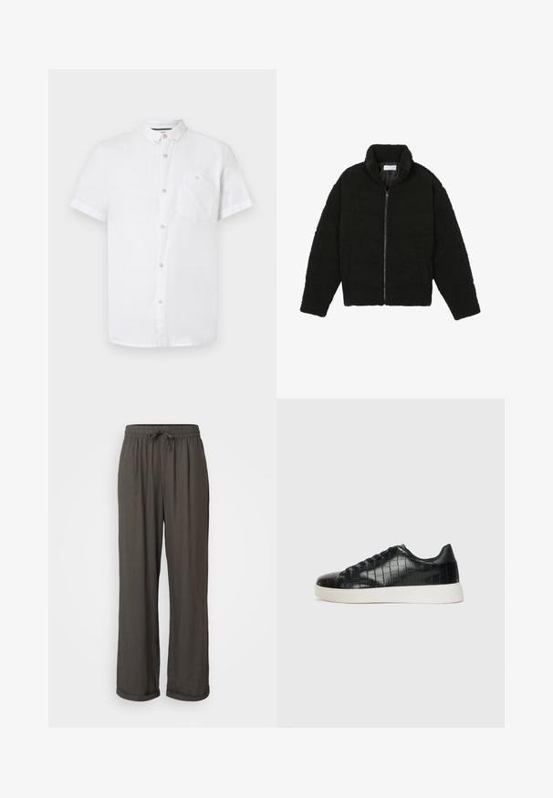 Must must karusnahast jakk kõrge kraega, lukuga sulgemine, elastsed varrukad ja tikandmuster. Omab küljetaskuid ja pehmet tekstuuri.; Lühikeste varrukatega valge puuvillane särk, millel on nööpidega kaelus, esitasku ja puidust nööpide detailid. Sile tekstuur.; Tumedat hallid laiad püksid nööriga vööl, valmistatud pehmest, tekstuuriga kangast, millel on pahkluu juures keeratud kraed.; Mustad mustad mustad kroko-reljeefiga nahast ülemine osa, ümar varvas ja kontrastne valge kummitald, millel on sile viimistlus.