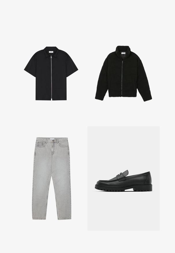 Czarna kurtka z faux futra z wysokim kołnierzem, zapięciem na zamek, elastycznymi mankietami i pikowanym wzorem. Posiada boczne kieszenie i miękką fakturę.; Czarna koszula krótki rękaw z ostrym kołnierzykiem i zapięciem na zamek z przodu. Gładki materiał z delikatnym połyskiem, bez widocznych wzorów czy akcentów.; Jasnoszare dżinsy o prostym kroju nogawki, z pięcioma kieszeniami i zapięciem na guzik. Widoczne szwy wzdłuż szwów.; Czarne skórzane mokasyny z zaokrąglonym noskiem, posiadające przeszywany wzór, niską platformę oraz teksturowaną, gumową podeszwę z bieżnikiem.
