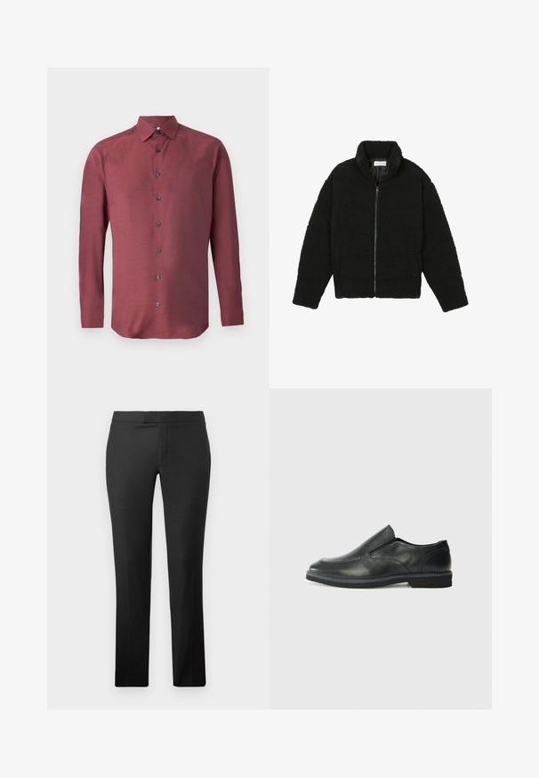 Casaco de pelo sintético preto com gola alta, fecho de zip, punhos elásticos e um design acolchoado. Apresenta bolsos laterais e uma textura suave.; Camisa de manga comprida, com botões, em tecido bordeaux com um padrão texturizado e botões azul escuro; possui colarinho pontudo e bainha reta.; Calças pretas de perna reta feitas de um tecido suave, com frente lisa, sem bolsos visíveis e um design de cintura limpa.; Sapato slip-on preto em pele com um upper liso, acabamentos cosidos, bico arredondado e um salto de borracha baixo. A sola apresenta um padrão de aderência mínimo.