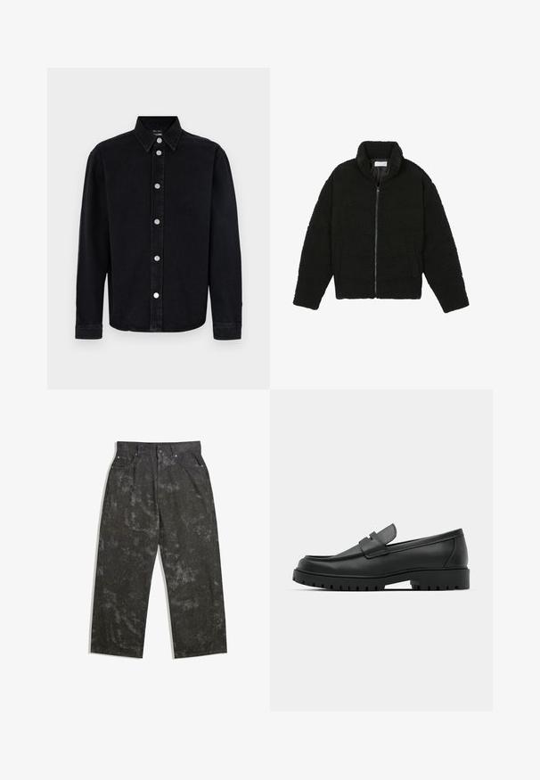 Czarna kurtka z faux futra z wysokim kołnierzem, zapięciem na zamek, elastycznymi mankietami i pikowanym wzorem. Posiada boczne kieszenie i miękką fakturę.; Czarna koszula dżinsowa z długimi rękawami, kołnierzykiem zapinanym na guziki i srebrnymi akcentami. Posiada prosty krój i gładką teksturę.; Ciemnoszare dżinsy o luźnym kroju, z subtelnymi marmurkowymi wzorami i metalowymi akcentami. Model pięciokieszeniowy.; Czarne skórzane mokasyny z zaokrąglonym noskiem, posiadające przeszywany wzór, niską platformę oraz teksturowaną, gumową podeszwę z bieżnikiem.