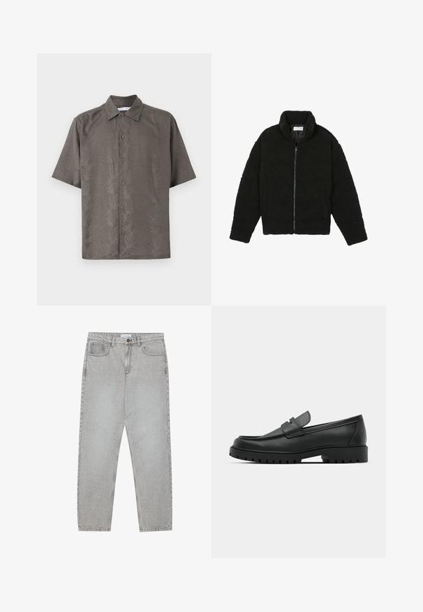 Jachetă din blană sintetică neagră, cu guler înalt, închidere cu fermoar, manșete elastice și un design matlasat. Dispune de buzunare laterale și o textură moale.; Cămașă cu mânecă scurtă, de culoare verde măsliniu, dintr-un material texturat cu un model tipărit de frunze, dotată cu guler clasic și închidere cu nasturi în față.; Pantaloni din denim gri deschis cu un design cu picioare drepte, stil cu cinci buzunare și închidere cu nasture. Cusături vizibile de-a lungul cusăturilor.; Mocasini din piele neagră cu vârful rotunjit, având un design cusut, talpă joasă și o talpă din cauciuc texturat, cu crampoane.