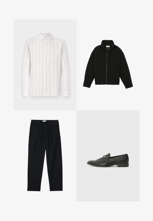 Črna jakna iz umetnega krzna z visokim ovratnikom, z zadrgo, elastičnimi manšetami in kviltanim dizajnom. Ima stranske žepke in mehak tekstur.; Bela srajca z gumbi, izdelana iz teksturirane tkanine, ki ima tanke črne vertikalne črte, klasičen ovratnik in dolge rokave z gumbi na manšetah.; Pier One Hlače chino - black; Črni usnjeni loafer z gladko površino, ki ima šivano zasnovo in dekorativni kovinski verižni naglas preko vampirja. Ravno peto.