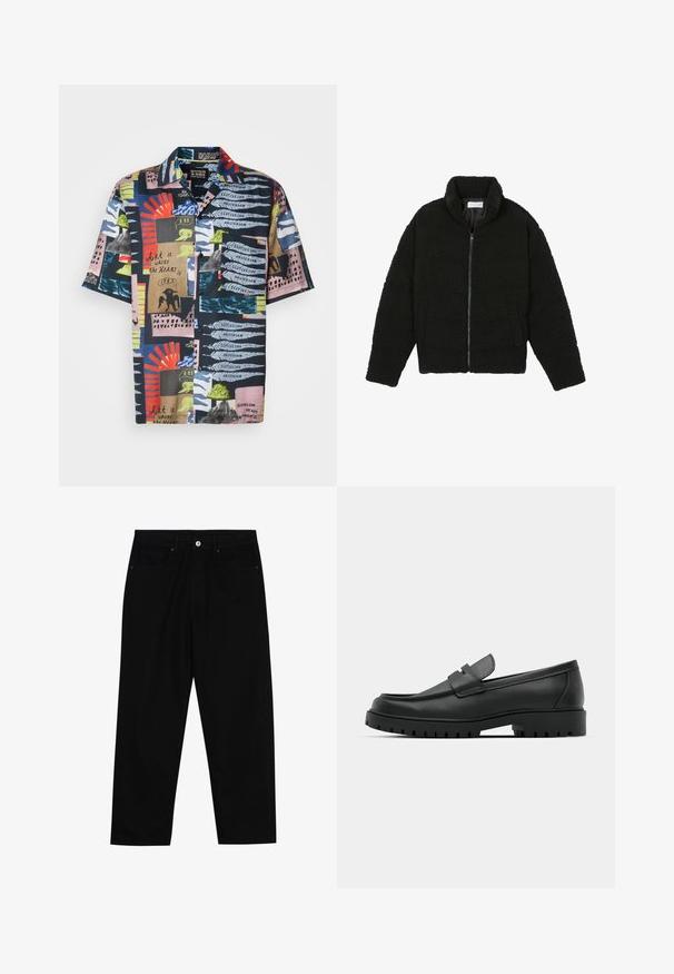 Čierna umelá kožušinová bunda s vysokým golierom, zipsom, elastickými manžetami a prešívaným dizajnom. Má bočné vrecká a jemnú textúru.; Tričko s krátkym rukávom s tmavomodrým základom a živými abstraktnými vzormi v červenej, zelenej, ružovej a modrej farbe. Materiál sa zdá byť ľahký a farebný.; Čierne denimmové nohavice s rovný strihom, dizajnom s piatimi vreckami a upínaním na prednej strane. Hladká textúra s minimálnymi detailmi šitia.; Čierne kožené mokasíny s okrúhlou špičkou, s prešitým dizajnom, nízkou platformou a textúrovanou, zúbkovanou gumovou podrážkou.