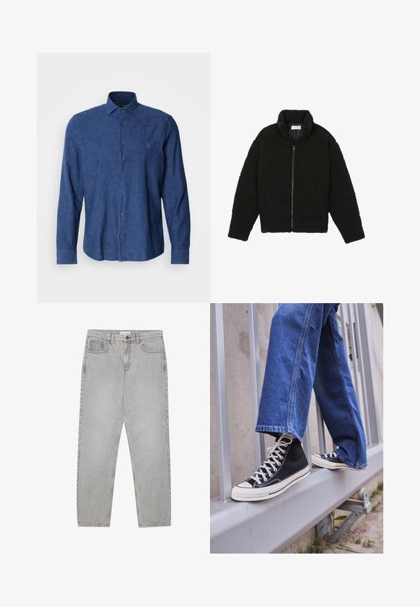 Čierna umelá kožušinová bunda s vysokým golierom, zipsom, elastickými manžetami a prešívaným dizajnom. Má bočné vrecká a jemnú textúru.; Modrá košeľa s dlhým rukávom vyrobená z textúrovaného materiálu, s tradičným golierom, zapínaním na gombíky a jemnou výšivkou loga na hrudi.; Svetlošedé denimové nohavice s rovným strihom, piatimi vreckami a zapínaním na gombík. Viditeľné švy pozdĺž švov.; Čierne vysoké tenisky s bielou podrážkou a šnúrkami, kombinované so voľnými modrými riflami, položené na sivej zábradlí.