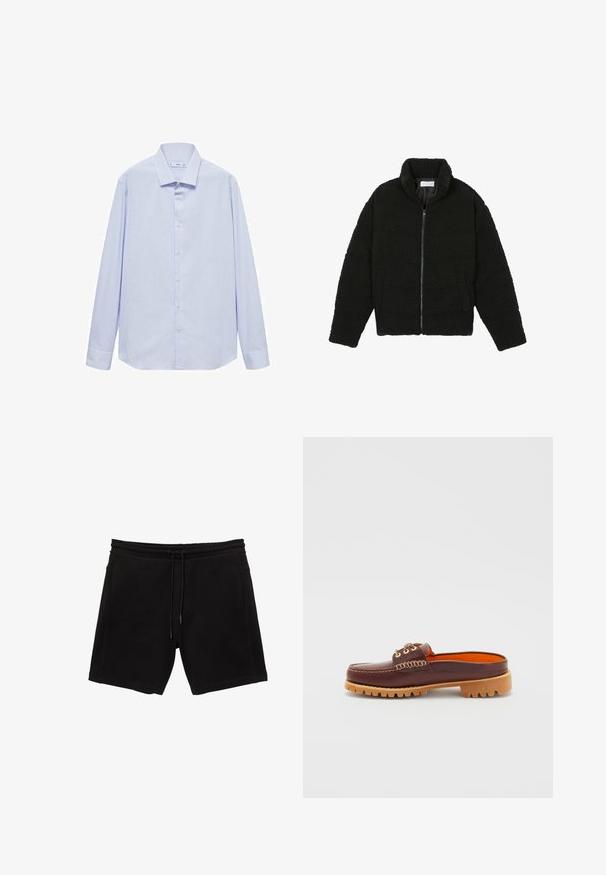 Schwarze Kunstpelzjacke mit hohem Kragen, Reißverschluss, elastischen Bündchen und gestepptem Design. Verfügt über seitliche Taschen und eine weiche Textur.; Himmelblaues Langarmhemd mit schmalen weißen Streifen, einer Button-Down-Krag, und einem geraden Saum. Verfügt über weiße Knöpfe auf der Vorderseite.; Schwarze Sweatshorts aus Baumwollmix. Mit einem elastischen Bund mit Kordelzug, seitlichen Taschen und einem entspannten Schnitt.; Braune Leder-Slipper mit runder Zehenform, strukturiertem Steppdetail, goldenen Ösen und einer sandfarbenen, genoppten Sohle. Das Innere ist in leuchtendem Orange gehalten.