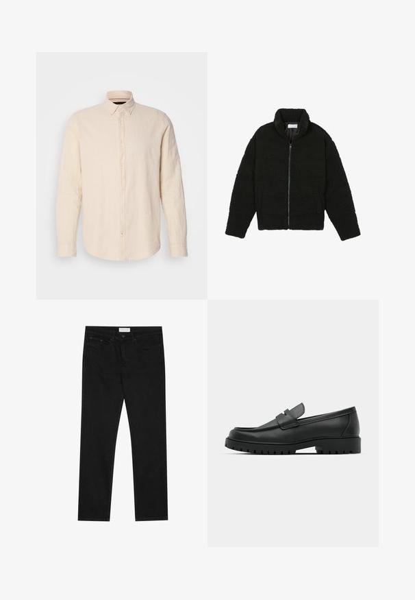 Black faux fur jacket with a high collar, zip closure, elastic cuffs, and a quilted design. Features side pockets and a soft texture.; Long-sleeve, button-up shirt in light beige linen with a collar, featuring a slightly textured fabric and matching button accents.; Black straight-leg jeans with five-pocket design, button and zip fly closure, and a Pier One brand label on the waistband.; Black leather loafers with a rounded toe, featuring a stitched design, low platform sole, and a textured, lugged rubber outsole.