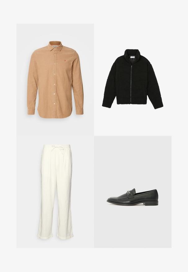 Jachetă din blană sintetică neagră, cu guler înalt, închidere cu fermoar, manșete elastice și un design matlasat. Dispune de buzunare laterale și o textură moale.; Cămașă din corduroy de culoare maro deschis, cu guler cu nasturi, mâneci lungi, închidere frontală cu nasturi și un logo brodat portocaliu pe piept.; Pantaloni din in, de culoare albă-crem, cu un tiv elastic la talie, piciorușe ușor largi și manșete răsucite pentru un stil relaxat. Fără buzunare.; Pantofii negri din piele cu un finisaj neted, având un design cusut și un accent decorativ de lanț metalic peste partea de sus. Toc plat.