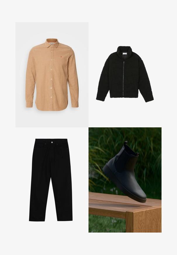 Melnā mākslīgā kažokādas jaka ar augstu apkakli, ar rāvējslēdzēju, elastīgām piedurknēm un kvadrātveida šuvēm. Iespējotas sānu kabatas un mīksta tekstūra.; Gai brūns kordūrādas krekls ar pogām apkaklē, garām piedurknēm, priekšējo pogu aizdari un oranžu izšūtu logotipu uz krūtīm.; Melni džinsi ar taisnu kāju griezumu, piecu kabatu dizainu un priekšēju pogu aizdari. Gluda tekstūra ar minimālu šuvju detaļu skaitu.; Melnas ādas potītes zābaki ar elastīgiem sānu paneļiem, gluda tekstūra, noapaļota purngala forma un plakana zole, novietoti virs koka galda pret augu fona.