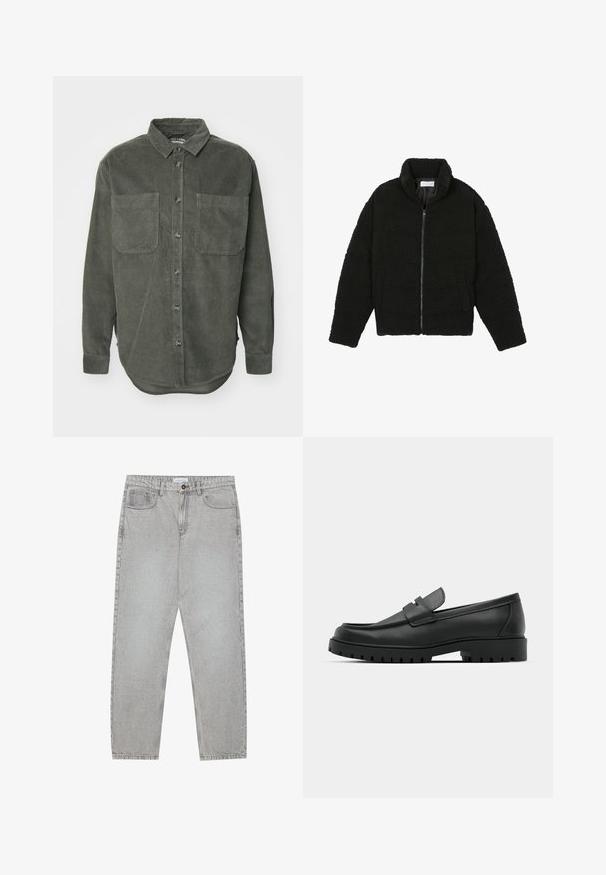 Melnā mākslīgā kažokādas jaka ar augstu apkakli, ar rāvējslēdzēju, elastīgām piedurknēm un kvadrātveida šuvēm. Iespējotas sānu kabatas un mīksta tekstūra.; Zaļš korduroja krekls ar pogu aizdari priekšā, norādītu apkakli, divām krūšu kabatām un garām piedurknēm ar pogu aizdarēm, ar taisnu apakšmalu.; Gai pelēko džinsu bikses ar taisnajām kājām, piecu kabatu stilu un pogu aizdari. Redzama šuvju apstrāde gar šuvēm.; Melnas ādas loafers ar noapaļotu purngalu, ar izšūtu dizainu, zemu platformas zoli un teksturētu, rievotu gumijas ārējo zoli.