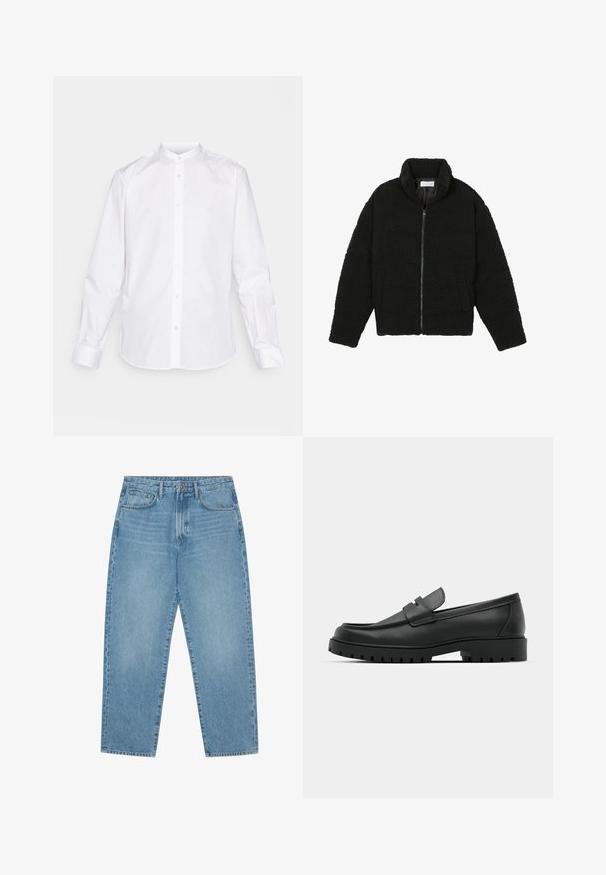 Crna jakna od umjetnog krzna s visokim ovratnikom, zatvaranjem na zip, elastičnim manžetama i kviltanim dizajnom. Sadrži bočne džepove i mekanu teksturu.; Bijela košulja dugih rukava s ovratnikom, dugmadi sprijeda i dugmadima na rukavima. Izrađena od glatkog materijala s oštrim finišem.; Svijetloplavi traper široke nogavice s visokim strukom, koji ima pet džepova, petlju za remen i mekan, blago izblijedio uzorak.; Crne kožne mokasine s zaobljenim vrhom, s ušivenim dizajnom, niskom platformom i teksturiranim, gumenim potplatom s izbočinama.