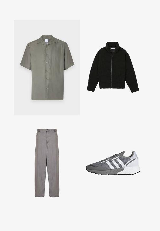 Melnā mākslīgā kažokādas jaka ar augstu apkakli, ar rāvējslēdzēju, elastīgām piedurknēm un kvadrātveida šuvēm. Iespējotas sānu kabatas un mīksta tekstūra.; Īsām piedurknēm pogājama krekla izgatavota no mīksta olīvzaļā auduma. Tam ir klasiskā apkakle, septiņas priekšējās pogas un brīva piegriezuma. Gluda tekstūra.; Pelēka džinsu bikses ar augstu jostasvietu, plašu piegriezumu, priekšējo rāvējslēdzēju un pogu aizdari. Gluda tekstūra ar minimālistisku dizainu.; Pelēki un balti sporta apavi ar acu sietu augšdaļu, trim baltām svītrām, mīkstu zoli un teksturētu pelēku gumijas ārējo zolīti.