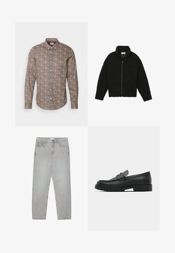Zwarte faux fur jas met een hoge kraag, ritssluiting, elastische manchetten en een doorgestikt ontwerp. Beschikt over zijzakken en een zachte textuur.; Langarmhemd van bruin stof met een zwirlpatroon in roomkleur en marineblauw. Knop-down kraag met knoopsluiting aan de voorkant en manchetten.; Lichtgrijze denimbroek met een recht model, vijfzakkenstijl en een knoopsluiting. Zichtbare stiksels langs de naden.; Zwarte leren instappers met een ronde neus, voorzien van een gestikt ontwerp, een lage platformzool en een gestructureerde, grof rubberen buitenzool.