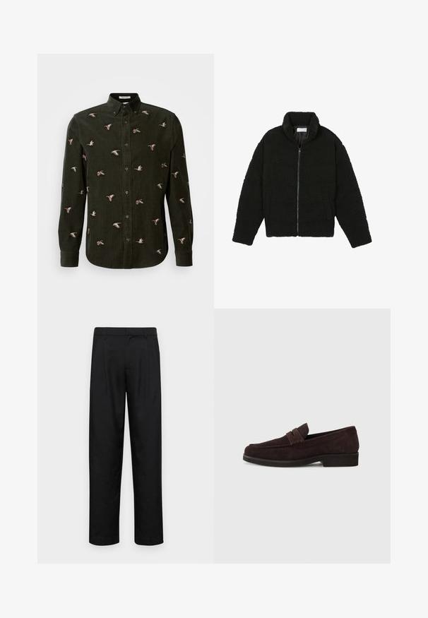 Črna jakna iz umetnega krzna z visokim ovratnikom, z zadrgo, elastičnimi manšetami in kviltanim dizajnom. Ima stranske žepke in mehak tekstur.; Temnozeleni kordurojski srajc s vezenimi račke v različnih pozah. Srajca z ovratnikom in dolgimi rokavi z gumbi na manšetah.; Črne hlače iz gladkega materiala, s krojem ravne noge, dvema sprednjima pregiboma in standardnim pasom z zankami za pas.; Brazdni zamšasti loaferi z nizkim profilom in okroglo prstjo. Imajo dekorativni pas čez zgornji del, ravno gumijasto podplat in brez vidnih šivov.