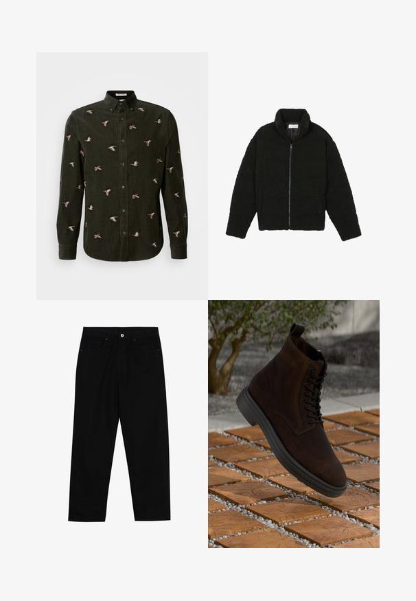 Schwarze Kunstpelzjacke mit hohem Kragen, Reißverschluss, elastischen Bündchen und gestepptem Design. Verfügt über seitliche Taschen und eine weiche Textur.; Dunkelgrühes Cordhemd mit bestickten Enten in verschiedenen Posen. Mit Knopfkragen und langen Ärmeln mit geknöpften Manschetten.; Schwarze Jeans mit geradem Schnitt, Fünf-Taschen-Design und einem vorderen Knopfverschluss. Glatte Textur mit minimalen Nähten.; Braune Wildleder-Ankle-Boots mit schwarzen Ösen und Schnürsenkeln, runder Zehenpartie und einer schwarzen Gummisohle. Zeigt eine strukturierte Oberfläche und eine Fersenschlaufe.