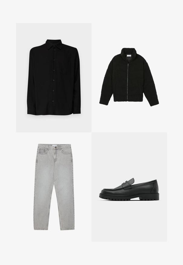 Must must karusnahast jakk kõrge kraega, lukuga sulgemine, elastsed varrukad ja tikandmuster. Omab küljetaskuid ja pehmet tekstuuri.; Mustas pikkade varrukatega särk kerge kangaga, millel on klassikaline krae, eesmine tasku ja nupud. Sile tekstuur kerge mustriga.; Heledad hallide denimpüksid otse säärekujundusega, viie-taskulise stiliseerimise ja nupukinnitusega. Nähtav õmblus kõrvuti.; Mustad musta nahast loafers, millel on ümar varvas, tikandiga disain, madal platvorm-soon ja tekstureeritud, soonikkummist välistald.