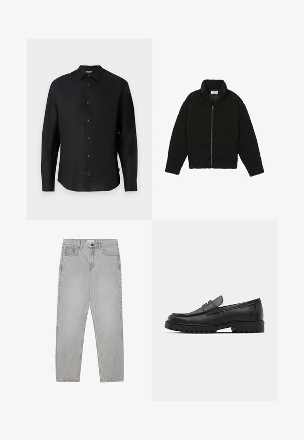 Giacca in pelliccia sintetica nera con colletto alto, chiusura con zip, polsini elasticizzati e design trapuntato. Presenta tasche laterali e una consistenza morbida.; Maglietta nera a maniche lunghe realizzata in lino leggero. Caratterizzata da un colletto a punta, chiusura frontale con bottoni e fondo dritto. Tessuto morbido.; Pantaloni in denim grigio chiaro con design a gamba dritta, stile a cinque tasche e chiusura con bottone. Cuciture visibili lungo le cuciture.; Mocassini in pelle nera con punta rotonda, caratterizzati da un design cucito, suola piatta bassa e un battistrada in gomma testurizzata e scolpita.