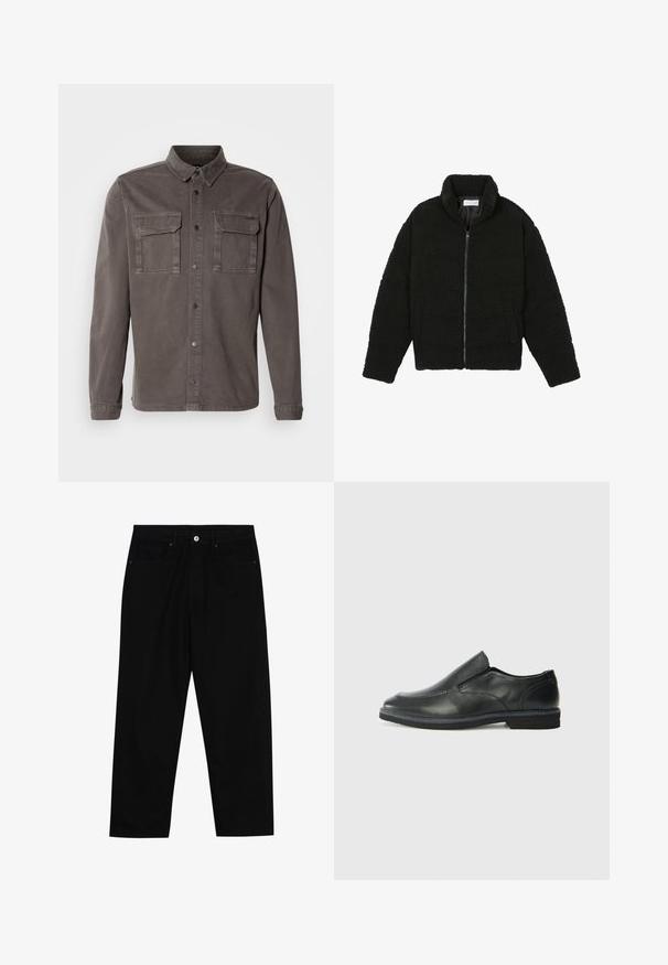 Veste en fausse fourrure noire avec un col haut, fermeture éclair, poignets élastiques et un design matelassé. Elle possède des poches latérales et une texture douce.; Veste en coton mélangé de couleur grise avec deux poches poitrine, fermeture à boutons, et col pointu ; elle possède des manches longues et un ourlet droit.; Pantalons en denim noir avec une coupe droite, un design à cinq poches et une fermeture à bouton à l'avant. Texture lisse avec des détails de couture minimaux.; Chaussure slip-on en cuir noir avec une tige lisse, des accents cousus, un bout arrondi et un petit talon en caoutchouc. La semelle présente un profil de traction minimal.