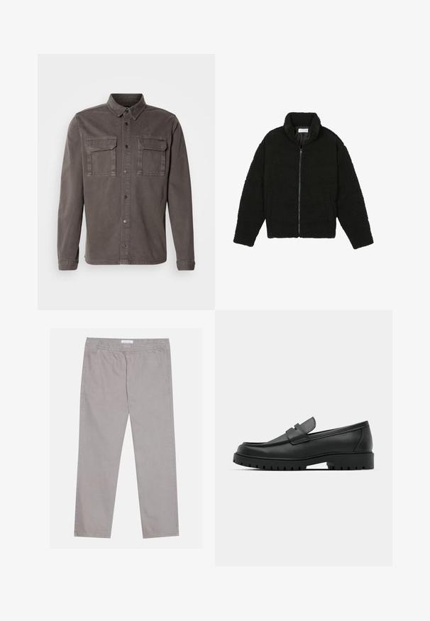 Zwarte faux fur jas met een hoge kraag, ritssluiting, elastische manchetten en een doorgestikt ontwerp. Beschikt over zijzakken en een zachte textuur.; Grijze shirtjacket in katoenmix met twee borstzakken, knoopsluiting aan de voorkant en puntkraag; heeft lange mouwen en een rechte zoom.; Lichtgrijze katoenen broek met een elastische tailleband, twee zijzakken, een recht poten ontwerp en een zachte textuur. Eenvoudige stiksel.details.; Zwarte leren instappers met een ronde neus, voorzien van een gestikt ontwerp, een lage platformzool en een gestructureerde, grof rubberen buitenzool.