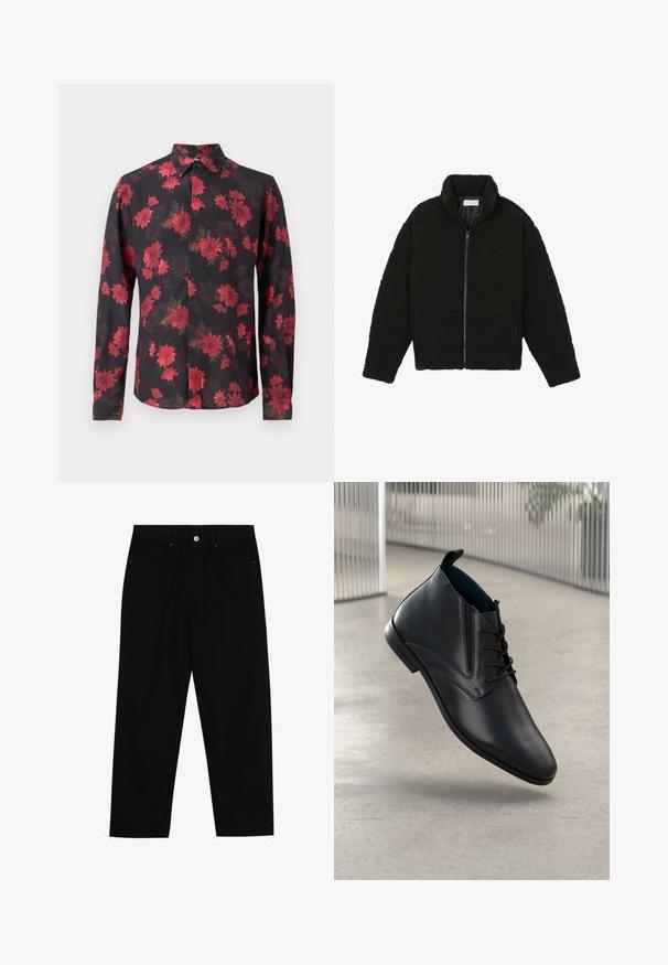 Svart faux fur-jacka med hög krage, dragkedjestängning, elastiska manschetter och ett kviltat mönster. Har sidofickor och en mjuk textur.; Svart långärmad skjorta med röd blommönster, knappad krage och framplacket. Lättviktig tyg med en slät textur.; Svarta denimbyxor med rak passform, femficksdesign och framknäppning. Slät textur med minimala sömdetaljer.; Svarta läder chukka-stövlar med spetsig tå, snörning och kontrasterande blå insida. Slät yta med minimal sömdetalj.