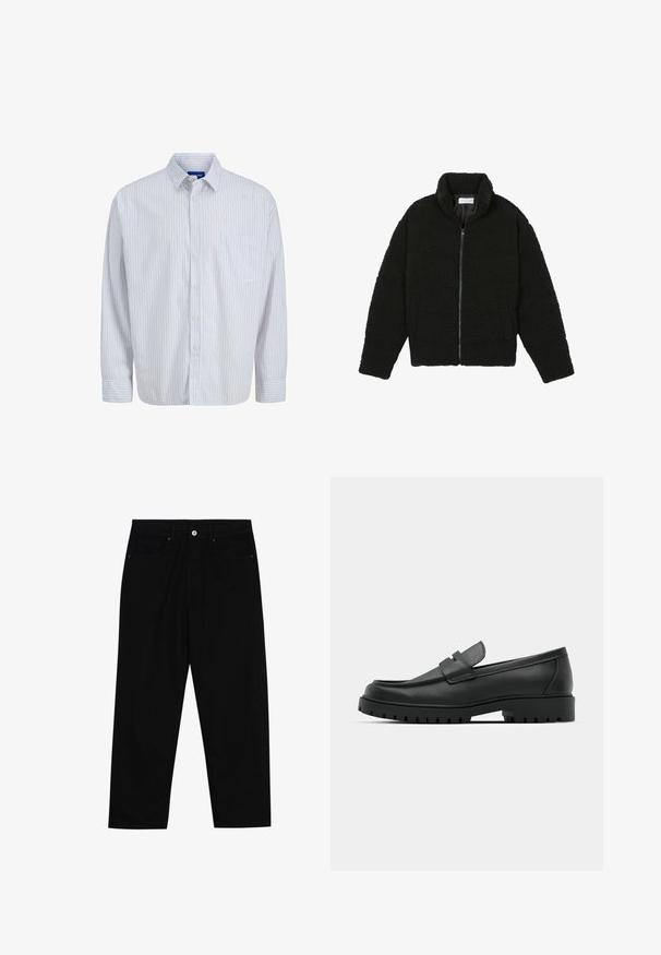 Jachetă din blană sintetică neagră, cu guler înalt, închidere cu fermoar, manșete elastice și un design matlasat. Dispune de buzunare laterale și o textură moale.; Cămașă albă cu mânecă lungă, cu dungi verticale subțiri roșii, o buzunare pe piept, guler și manșete cu nasturi.; Pantaloni negri din denim cu croială dreaptă, design cu cinci buzunare și închidere frontală cu nasture. Textură netedă cu detalii de cusătură minime.; Mocasini din piele neagră cu vârful rotunjit, având un design cusut, talpă joasă și o talpă din cauciuc texturat, cu crampoane.