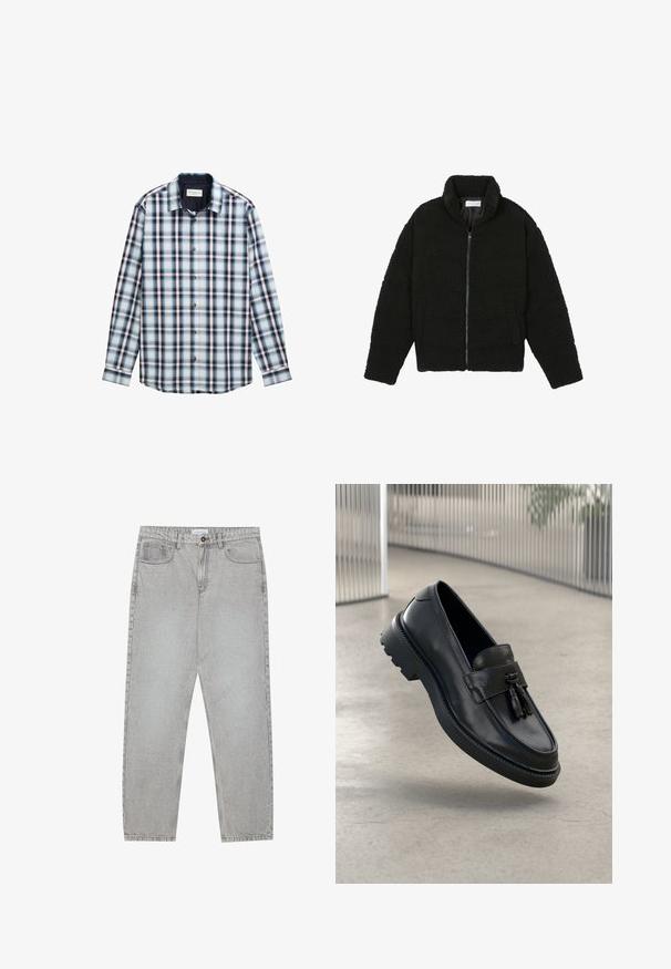 Juoda dirbtinė kailio striukė su aukštu apykakle, užtrauktuku, elastingomis rankovėmis ir siuvinėtu raštu. Su šoninėmis kišenėmis ir švelnia tekstūra.; Ilga rankovėmis švarkelis su plaid raštu, sudarytas iš mėlynos, baltos ir burgundinės spalvų. Pagamintas iš lengvos medžiagos su mygtukų apykakle ir priekiniais mygtukais.; Šviesiai pilki džinsai su tiesiu kirpimu, penkiais kišenėmis ir mygtuko uždarymu. Matoma siuvimo linija palei siūles.; Juodi odiniai bateliai be užsegimo su lygiu paviršiumi, dekoratyvine kutu, stora guminė pado danga ir siūtais akcentais. Lengvi ir elegantiško dizaino.