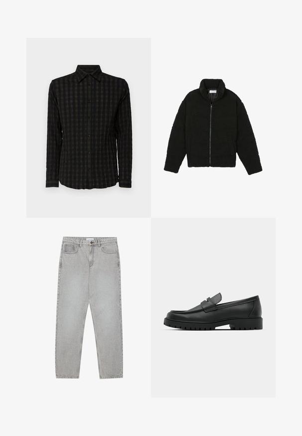 Giacca in pelliccia sintetica nera con colletto alto, chiusura con zip, polsini elasticizzati e design trapuntato. Presenta tasche laterali e una consistenza morbida.; Maglietta nera a maniche lunghe con un motivo a quadri testurizzato in tonalità scure, dotata di chiusura frontale a bottoni, colletto e polsini con righe abbinate.; Pantaloni in denim grigio chiaro con design a gamba dritta, stile a cinque tasche e chiusura con bottone. Cuciture visibili lungo le cuciture.; Mocassini in pelle nera con punta rotonda, caratterizzati da un design cucito, suola piatta bassa e un battistrada in gomma testurizzata e scolpita.