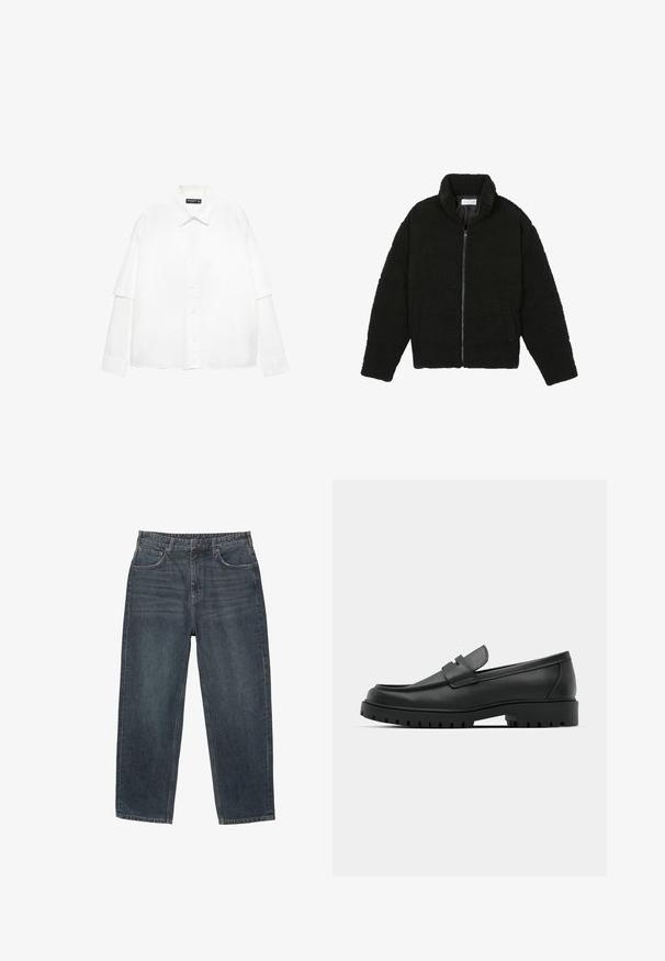 Sort faux fur jakke med høj krave, lynlås lukning, elastiske ærmer og et quiltet design. Har sidelommer og en blød tekstur.; Hvid langærmet skjorte lavet af bomuld med knaplukning foran, der har en klassisk krave og oversized ærmer med en afslappet pasform.; Mørkeblå denimjeans med lige ben, fem lommer, bæltestropper og subtilt slid på materialet. Syede forkantdetaljer.; Sorte læder loafers med rund tå, der har et syet design, lav platformssål og en struktureret, skridsikker gummisål.