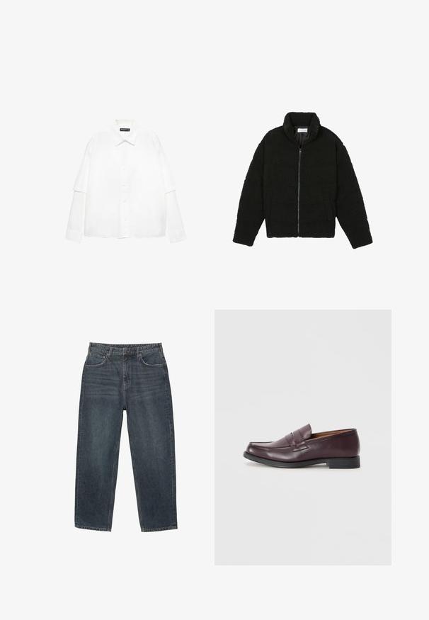 Musta tekokarvalehtijakku korkean kauluksen, vetoketjun, joustavat hihansuut ja tilkkutäkkikuvion. Sisältää sivutaskut ja pehmeän pinnan.; Valkoinen pitkähihaisekauluspaita, joka on valmistettu puuvillasta. Paidassa on napillinen etuosa, klassinen kaulus ja ylisuuret hihat rennossa istuvuudessa.; Tummansininen farkkutakki, jossa suora lahjemuotoilu, viisi taskua, vyölenkit ja hienovarainen haalistuminen materiaalissa. Ompeleet hemityksissä.; Burgundy nahkakengät, joissa on pyöreä kärki, hillitty ommelkoele ja matala musta pohja. Klassinen muotoilu, jossa on vähäisiä koristeita.