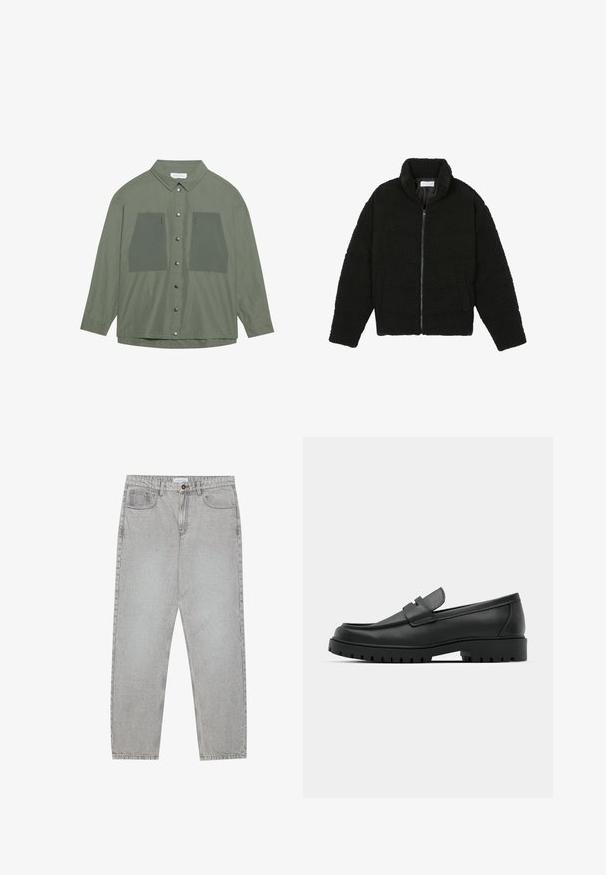 Schwarze Kunstpelzjacke mit hohem Kragen, Reißverschluss, elastischen Bündchen und gestepptem Design. Verfügt über seitliche Taschen und eine weiche Textur.; Olivgrünes Hemd mit Knopfverschluss aus leichtem Stoff, ausgestattet mit zwei großen Brusttaschen und silbernen Druckknöpfen, langen Ärmeln und einem klassischen Kragen.; Helle graue Jeanshose mit gerade geschnittenem Design, Fünf-Taschen-Stil und Knopfverschluss. Sichtbare Nähte entlang der Seitennähte.; Schwarze Lederloafer mit runder Zehenform, ausgestattet mit einem gesteppten Design, niedrigem Plattformsohle und einer strukturierten, genoppten Gummisohle.