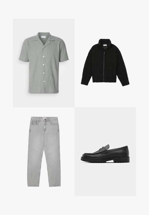 Casaco de pelo sintético preto com gola alta, fecho de zip, punhos elásticos e um design acolchoado. Apresenta bolsos laterais e uma textura suave.; Camisa de manga curta verde claro, feita de linho, com gola camp e cinco botões brancos na frente para fecho. Design casual e texturizado.; Calças de ganga cinza claro com um design de perna reta, estilo de cinco bolsos e fecho com botão. Costura visível ao longo das costuras.; Sapatilhas de couro preto com bico arredondado, apresentando um design cosido, sola de plataforma baixa e um solado de borracha texturizado e com cravos.