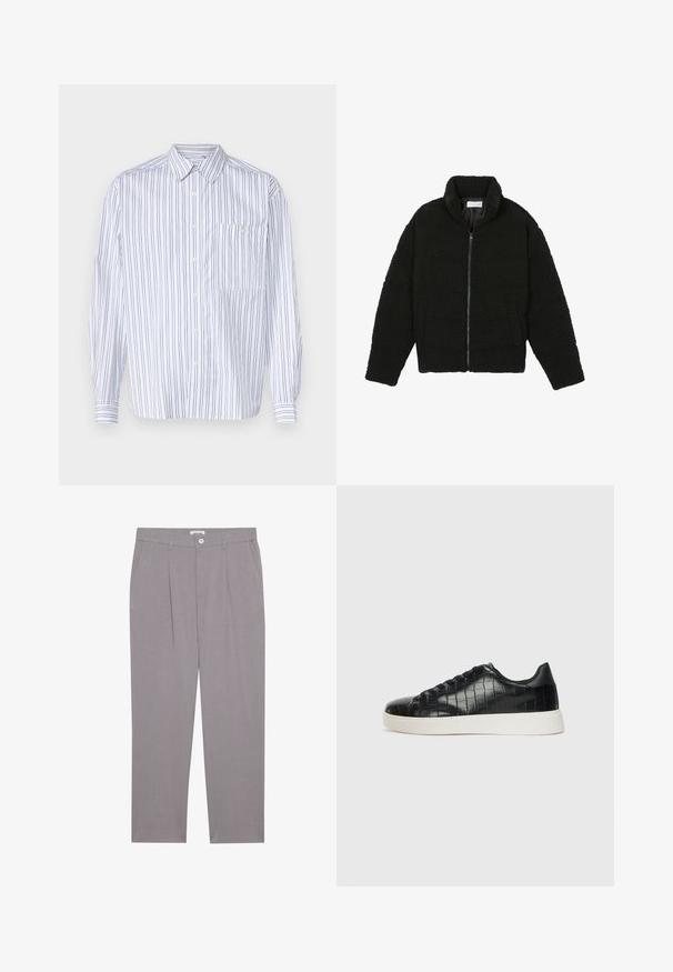 Chaqueta de pelaje sintético negro con cuello alto, cierre de cremallera, puños elásticos y un diseño acolchado. Cuenta con bolsillos laterales y una textura suave.; Camisa blanca de botones con rayas verticales en navy, de manga larga, con un bolsillo en el pecho y un cuello clásico. Tela suave con un corte relajado.; Pantalones gris ajustados con corte recto, que cuentan con dos bolsillos delanteros, pliegues y cierre con botón. Fabricados en tejido ligero.; Zapatillas negras con parte superior de cuero con textura de cocodrilo en relieve, puntera redondeada y una suela de goma blanca contrastante con un acabado suave.