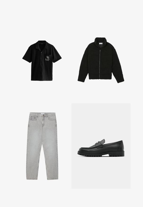 Črna jakna iz umetnega krzna z visokim ovratnikom, z zadrgo, elastičnimi manšetami in kviltanim dizajnom. Ima stranske žepke in mehak tekstur.; Črna kratkotrajna majica iz mehkega blaga, z gumbom spredaj, koničastim ovratnikom in žepom na levi prsni strani z zasnovo orla in besedilom.; Svetlo sivi traper hlače s ravnim krojem, pet žepov in gumbom za zapiranje. Vidno šivanje ob šivih.; Črne usnjene loafers čevlje z zaobljenim nosom, ki imajo šivano zasnovo, nizko platformo in teksturiran, profiliran gumijast podplat.